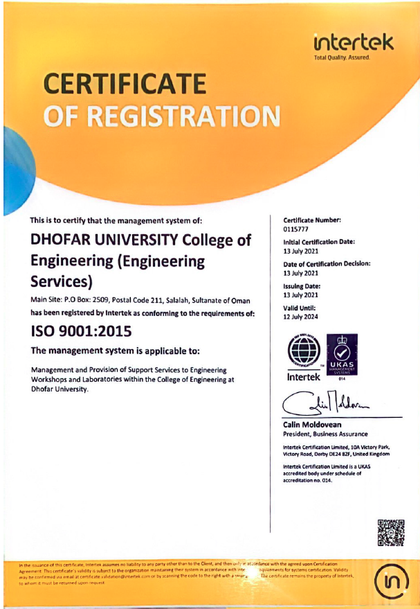 College of Engineering Laboratories & Frankincense Biodiversity Lab Obtain ISO 9001:2015 Accreditation